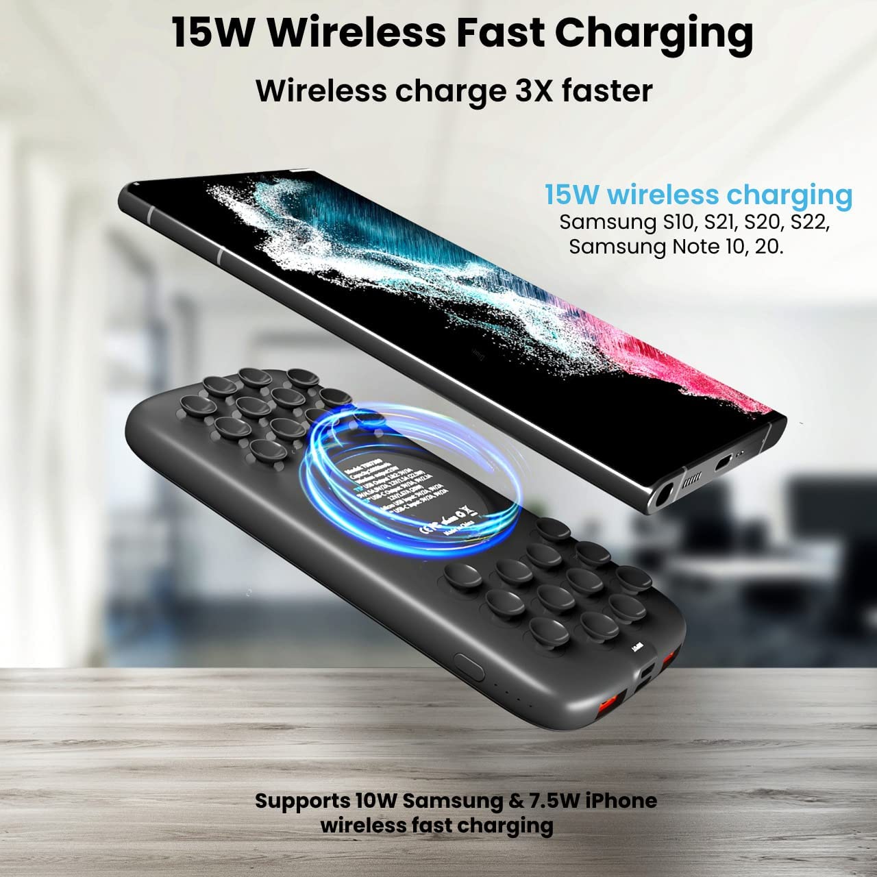 10000mAh 22.5W Wireless Power Bank with Anti-Slip Suction Cups & Kickstand - TechsmarterTechsmarter