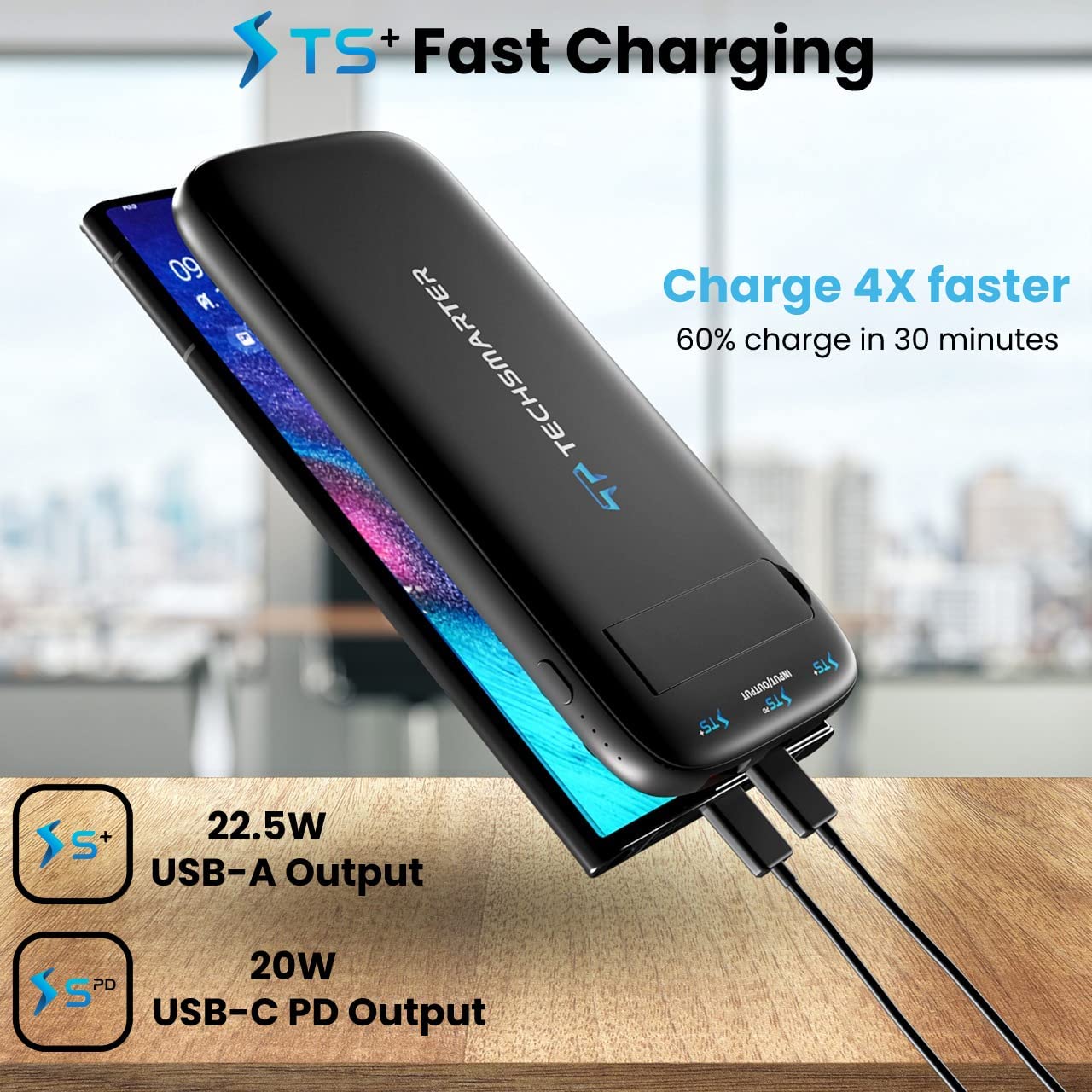 10000mAh 22.5W Wireless Power Bank with Anti-Slip Suction Cups & Kickstand - TechsmarterTechsmarter